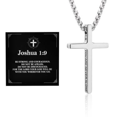 Imagem de Alissl Colar de cruz masculino com gravação em aço inoxidável, versículo da Bíblia 1:9, corrente masculina preta ou prata, joias cristãs, lembrancinhas de batismo, para Halloween, Ação de Graças