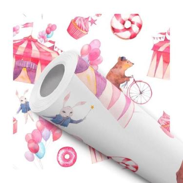 Imagem de Papel de Parede Adesivo Circo infantil Rosa Urso Bicicleta Moderno Qua
