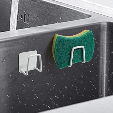 Imagem de 2 suportes de esponja para pia de cozinha, suporte de esponja adesivo forte, suporte forte à prova de ferrugem e à prova d'água para pia de cozinha - aço inoxidável, secagem rápida (branco)