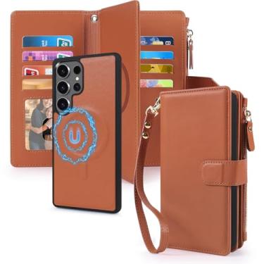 Imagem de CMIDUS Capa magnética para Galaxy S25 Ultra carteira compatível com suporte de cartão com bloqueio de RFID Magsafe, capa de telefone removível, alça de pressão, bolso com zíper, couro PU (marrom)