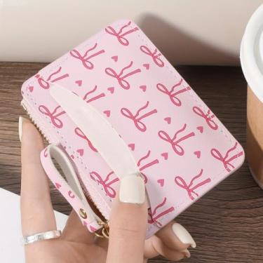 Imagem de Carteira feminina com laço rosa - Carteira feminina fina de couro PU com zíper para dinheiro, porta-moedas, pequena carteira de viagem com porta-cartões de crédito, rosa, Small