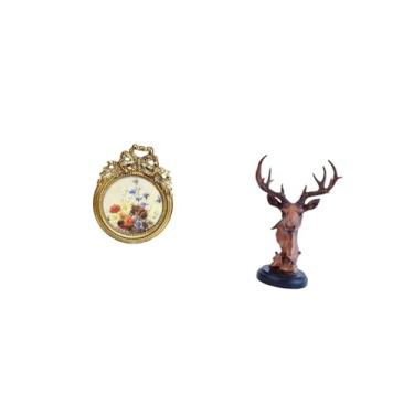 Imagem de Fenteer Moldura Antiga para Fotos de Veado, Moldura Vintage de Animal, Moldura Redonda Ornamentada Estilo Europeu para Mesa Ou Parede, Estátua de Resina,