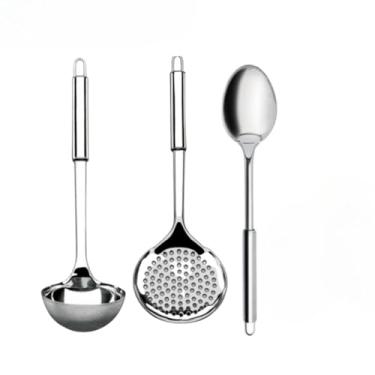 Imagem de Kit Utensílios de Cozinha em Aço Inox Escumadeira Concha Colher Arroz Pegador Massa Garfo Trin (3)