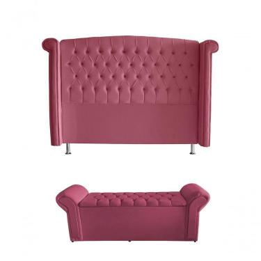 Imagem de Kit Realeza Cabeceira De Cama Box E Calçadeira Baú Casal 140 Cm Suede Rosa Do Lar Móveis