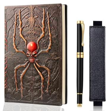 Imagem de FEIDIAO Caderno vintage aranha DND em relevo, diário de viagem de couro PU 3D com caneta esferográfica e manga para caneta, diário A5 de capa dura, diário de capa dura, presente de escrita para homens