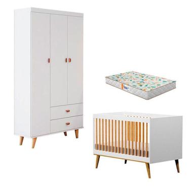Imagem de Berço Americano Ligia Com Guarda Roupa 3 Portas Duda Branco Acetinado Bétula E Colchão Gazin – Carolina Móveis