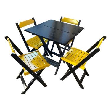 Imagem de Mesa De Madeira Dobrável Preto 70x70 Com 4 Cadeiras Dobráveis Amarelo - Amarelo