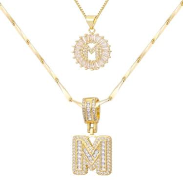 Imagem de ALFISO Colar com letras para mulheres, colares com inicial banhada a ouro 14K, joias personalizadas com nome personalizado, colar com pingente de iniciais para casal, 2 peças, colar elegante e