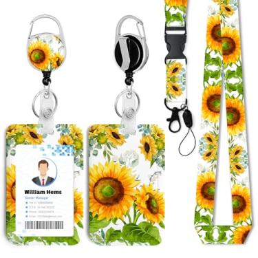Imagem de Porta-crachá de identificação de girassol com cordão removível e carretel retrátil resistente - chaveiro mosquetão giratório de 360° para mulheres, estudantes, professores, enfermeiros, uso no