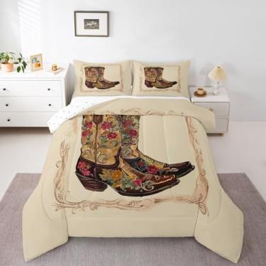 Imagem de Erosebridal Conjunto de cama solteiro caubói ocidental | Conjunto de edredom com botas de caubói retrô, boêmio, floral, abstrato, hippie, macio, quente, 2 peças com 1 fronha