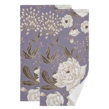 Imagem de YOCIBIUT Toalhas de mão vintage de peônia roxa branca para banheiro, conjunto de 2, toalhas de cozinha botânicas florais de folhas marrons absorventes 35,56 cm x 71,1 cm, toalhas de banheiro