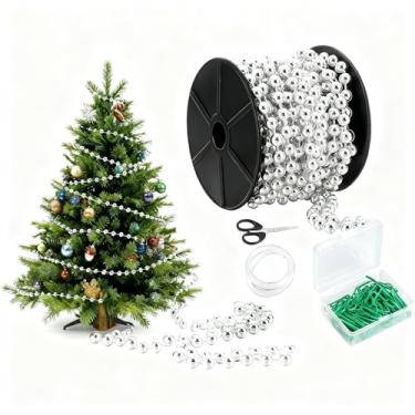 Imagem de Soulchen Conjunto de contas de árvore de Natal douradas de 9 m, linha de pesca, faça você mesmo com tesouras, clipes de papel, pérolas artificiais, guirlanda de 8 mm, rolo de contas de plástico para