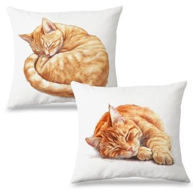 Imagem de Exqcom Conjunto de 2 capas de travesseiro de gato gengibre 45,7 x 45,7 cm, presentes para mães e senhoras, aquarela adormecida, laranja, gatinho, para quarto de crianças, casa, sala de estar, quarto