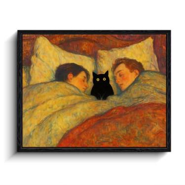 Imagem de Arte emoldurada de gato preto, arte de parede engraçada de gato preto – Arte de gato de quarto inspirada em Vuillard, casal dormindo, arte de parede eclética, pôsteres para quarto, sala de estar