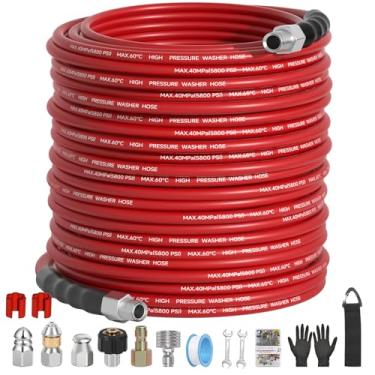 Imagem de VIVIDWASH Kit de jateador de esgoto de 150 pés para lavadora de alta pressão 5800PSI, mangueira de jato de drenagem NPT de 1/10.2 cm com plugue rápido de 1/10.2 cm, 3 bocais de jato de esgoto, luvas