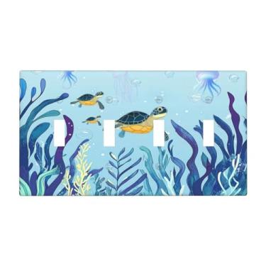 Imagem de VGHOKO Capa decorativa de placa de interruptor com design de tartarugas marinhas e recifes de corais, placa de parede artística de 4 grupos, capas exclusivas para interruptor de luz quadriciclo, azul