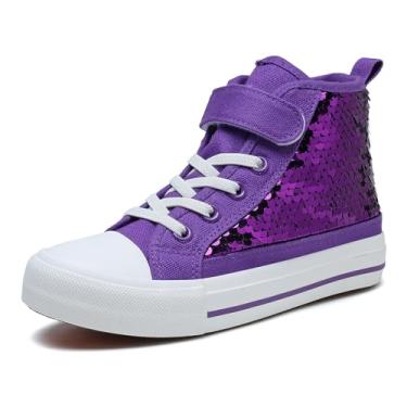 Imagem de Zoroadke Tênis infantil de lona com lantejoulas brilhantes e cano alto com alça ajustável para meninas e meninos, Lantejoulas roxas escuras, 13 Little Kid