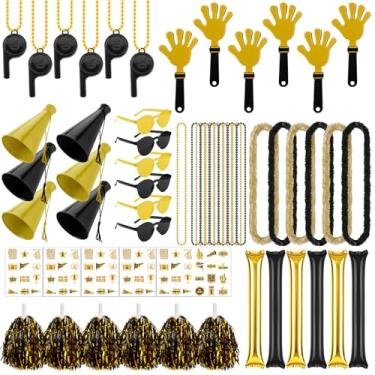 Imagem de Soulchen 180 peças de acessórios de espírito de equipe escolar dourado preto sortido dia do time palitos de trovão apito de palmas de mão megafone líder de torcida pom pom óculos colar glitter adesivo