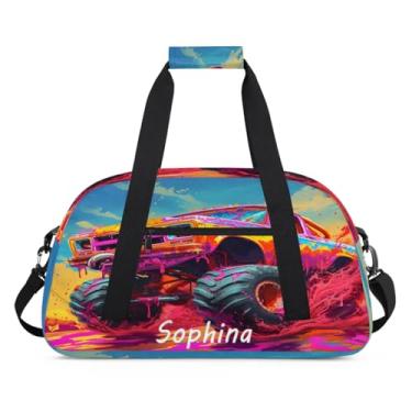 Imagem de Bolsa esportiva personalizada, caminhão de desenho animado colorido com nome, bolsa de dormir personalizada, bolsa de fim de semana, bolsa de treino para dança, balé, academia, ginástica, mala, viagem