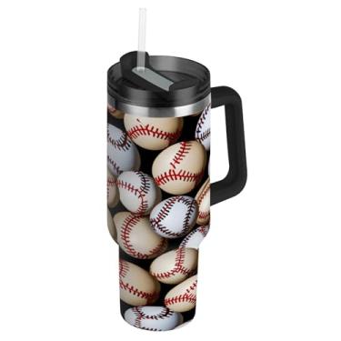 Imagem de Blueangle Copo padrão de bolas de beisebol de 850 g com alça e tampa de palha, caneca de viagem de aço inoxidável isolada a vácuo de parede dupla, garrafa de água reutilizável para academia de