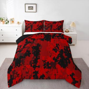 Imagem de Feelyou Conjunto de cama camuflado macio para meninos, meninas, cabana ou chalé rústica, tamanho Queen, edredom de microfibra para decoração de quarto de fazenda, preto e vermelho, 3 peças com 2