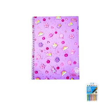 Imagem de Kit Caderno Universitário Vibe Feminino 10M 160F Tilibra + Caneta Esferográfica Spiro 0.7mm + Marcador Artístico Brush 06 Cores Cis