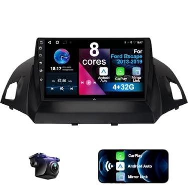 Imagem de Rádio automotivo de 8 núcleos 4 + 32 G para Ford Escape 2013-2019 com CarPlay sem fio e Android Auto, tela sensível ao toque HD de 9 polegadas, atualização estéreo de rádio Android 13, câmera SWC/AM