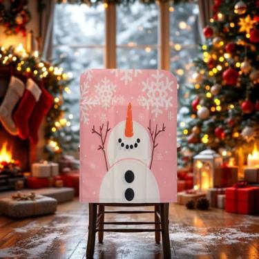 Imagem de 1 capa para cadeira de jantar, padrão de boneco de neve, floco de neve, linho, rosa, 57 x 46 cm