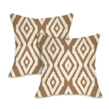 Imagem de Fahrendom Conjunto de 2 capas de almofada decorativas geométricas boho 45,7 x 45,7 cm, vintage, boêmia, tribal, varanda, área externa, retrô, marrom, capa de almofada para sofá, decoração de casa