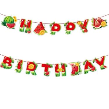 Imagem de Pano de fundo de faixa de feliz aniversário de melancia, bandeira de bandeira de melão tropical de verão doce bandeira de bandeira de flâmula decorações de festa, guirlanda pendurada para quintal