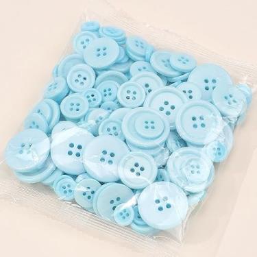 Imagem de Botões de costura redondos planos mistos 1 saco botões de resina de 4 furos para camisa, roupas, casacos, casacos, jaqueta, jeans, saias, artesanato de costura, decoração DIY, azul celeste, 11,5 ~