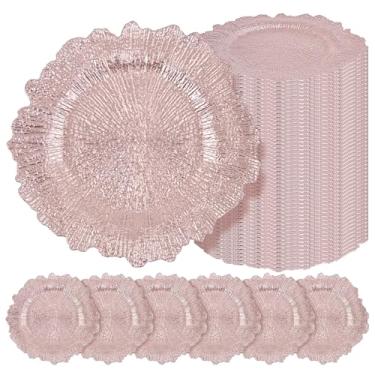 Imagem de 50 placas carregadoras de ouro rosa a granel placas de carregamento de plástico de 33 cm para prato de jantar, carregadores de ouro rosa para configuração de mesa, placa de design de recife