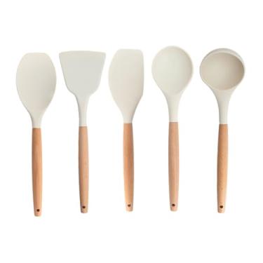 Imagem de Utensilios para Cozinha Kit 5 Peças - Espatula de Silicone e Colher de Silicone para Cozinha, Cabo de Madeira, Compacto e Funcional para Preparo Diário em Cozinha Doméstica (OFF WHITE)