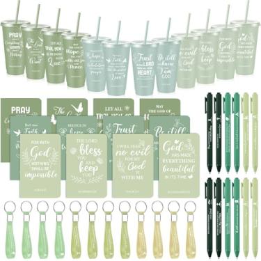 Imagem de Hollowfly Conjunto de 12 / 48 peças, presentes de igreja cristã, copos de plástico com versículo bíblico, canetas, chaveiros, cadernos para mulheres, homens, festa cristã voluntária, presentes de