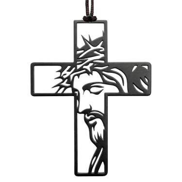 Imagem de Zckjnoi Cruz cristã de ferro preto fosco – crucifixo pendurado com figura de Jesus – Pingente de espelho retrovisor religioso ou decoração de casa – Ornamento inspirado na fé com cordão marrom natural