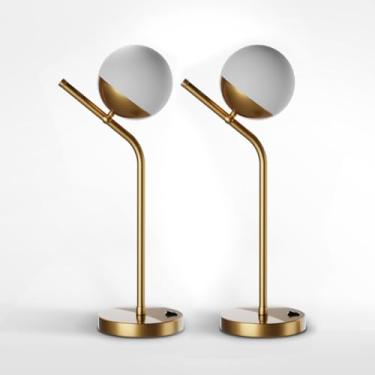 Imagem de Kit com 02 Luminária de Mesa Abajur Inclinado Jabuticaba Com Vidro Globo Fosco 12cm em Alumínio Bivolt (Dourado)