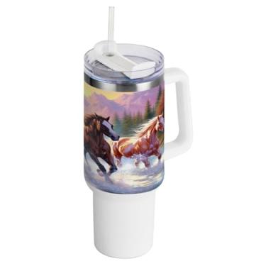 Imagem de Kigai Copo de 1,134 g com tampa e canudo, copo de aço inoxidável durável à prova de vazamento de cavalos de corrida com alça, garrafas de água à prova de derramamento para viagens