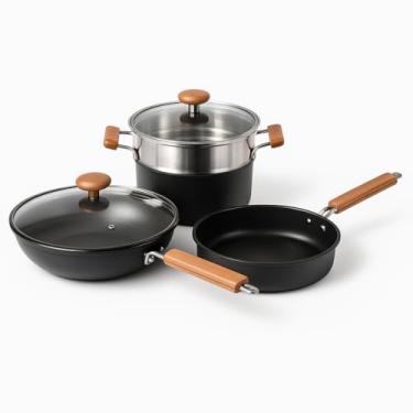 Imagem de Conjunto de Panelas Premium em Aço Inox Revestimento Antiaderente Pegadores em Madeira Tampas de Vidro Temperado Compatível com Todos os Fogões (Preto)