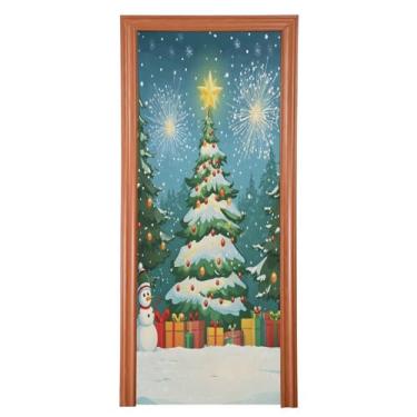 Imagem de Wassud Capa de porta de Natal decoração de banner 81 x 199 cm grande Natal com fogos de artifício capa de porta interna elástica para varanda porta da frente