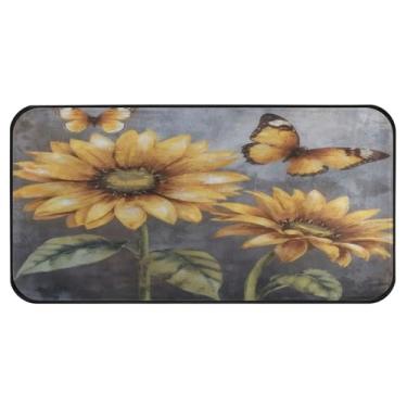 Imagem de Burbuja Tapete de cozinha retrô com borboleta de girassol 51 x 99 cm, tapete lavável antiderrapante com suporte de borracha, tapete para cozinha, sala de estar, banheiro, decoração de casa