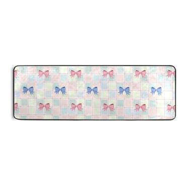 Imagem de Burbuja Tapete de corredor com laços rosa azul 61 x 183 cm, tapete lavável antiderrapante com suporte de borracha, tapete para sala de estar, corredor, decoração de casa