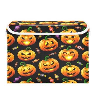 Imagem de WELLDAY Caixa de armazenamento de abóboras de Halloween com tampas, bancos maiores dobráveis de armazenamento de tecido com alças para sala de estar, sala de jogos, quarto, berçário 40 x 32 x 39 cm