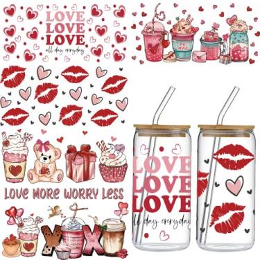 Imagem de Envelopes de copo UV DTF Dia dos Namorados para copos de vidro de 473 ml 5 folhas coração vermelho Uvdtf esfregar em decalques de transferência urso fofo lábios sexy impressões de bebida UV Dtf Cup