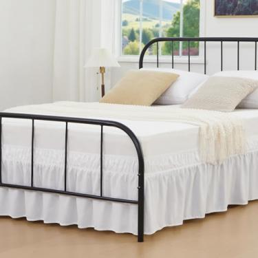 Imagem de Vocander Saia de cama branca de canto dividido para camas king size de 38 cm, babados elásticos ajustáveis para armação de metal, saias de cama ajustáveis sob medida resistentes a desbotamento e rugas