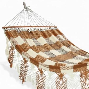 Imagem de Rede de Dormir Casal Grande com Madeira Luxo Reforçada para Descanso(Caramelo Com branco)