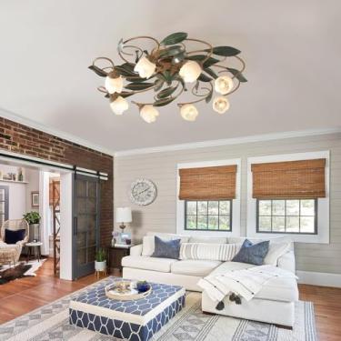 Imagem de Lustre retrô em ferro bronze com formato de flor e trepadeira, soquete E14 e cúpula de vidro, estilo antigo, ideal para restaurantes, salas de estar, salas de jantar e quartos com iluminação