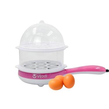 Imagem de Cozedor de Ovos Elétrico 2 Andares, Rosa e Branco, 350W, Capacidade 14 Ovos, com Tampa Transparente e Bandejas Removíveis, 110V