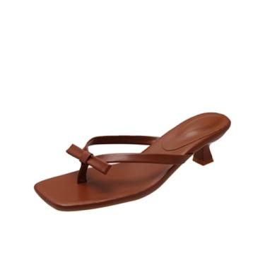 Imagem de Pantufas de bico aberto para mulheres, casual, primavera, com salto alto e sola de poliuretano, inclui caixa de sapatos, Marrom, 36