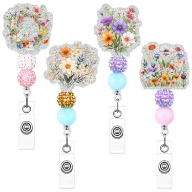 Imagem de Giegxin 4 carretéis de crachá de primavera, retráteis, flores silvestres, flores silvestres, porta-crachás de identificação floral, com clipe de metal jacaré, contas de glitter para enfermeira