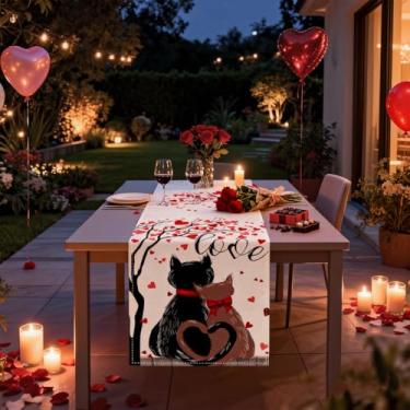 Imagem de Corredor de mesa de dia dos namorados 33 x 183 cm, estampa de árvore de gato e coração, decoração romântica para mesa de jantar